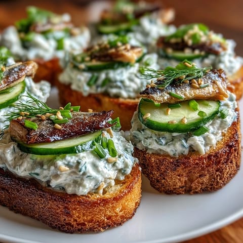 Golden crispy rice sardine toasts topped with fresh cucumber and chives.