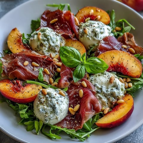 Peach burrata prosciutto salad glistening with fresh balsamic glaze and cracked pepper.