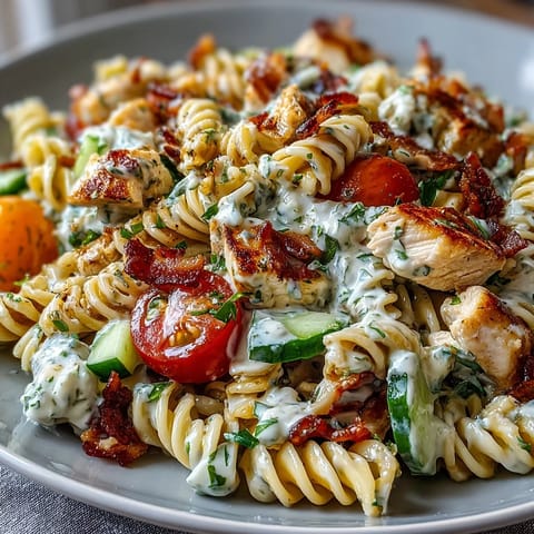 Creamy Chicken Bacon Ranch Pasta Salad packed with fresh veggies and crispy bacon.