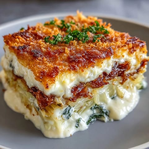 Close-up of golden Crispy Cabbage Alfredo Bake with bubbling cheese topping.