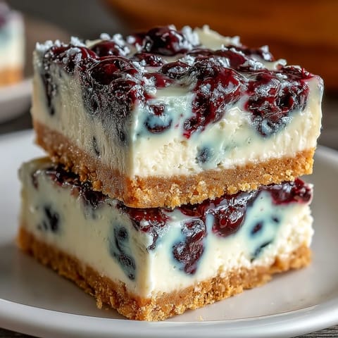 Creamy no-bake lemon blueberry cheesecake bars with vibrant swirls.
