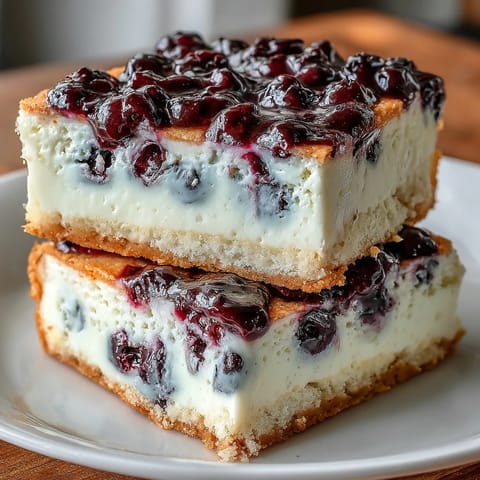 Zesty no-bake lemon blueberry cheesecake bars on buttery graham crust.