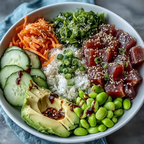 Vibrant canned tuna poke bowl with fresh veggies and zesty dressing, ready to eat.