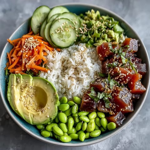 Colorful canned tuna poke bowl featuring creamy avocado and crunchy edamame.