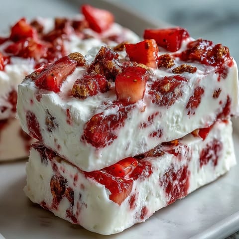 Deliciously creamy Strawberry Shortcake Frozen Yogurt Bark, a perfect summer dessert.