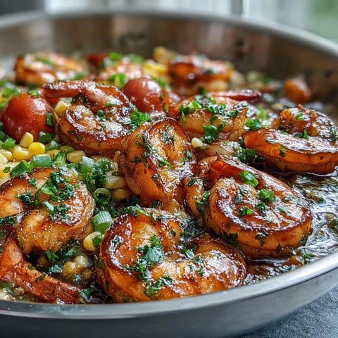 Succulent Garlic Butter Shrimp and Corn Skillet, bright with vegetables and fragrant garlic.