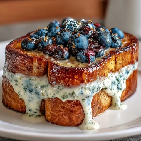 Blueberry Lemon Cheesecake Overnight French Toast baked golden brown with berries.