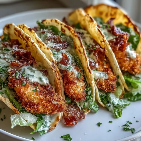 Golden crispy chicken Caesar smash tacos piled high with fresh greens.