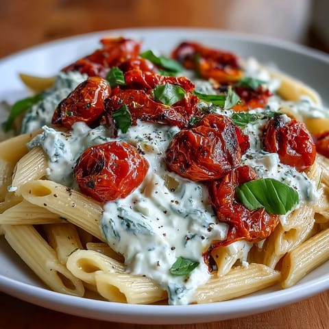 Creamy roasted tomato whipped feta pasta, topped with fresh basil.