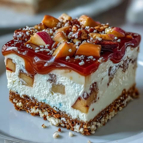 Caramel Apple Pretzel Jello Salad with crunchy pretzels and sweet caramel drizzle.