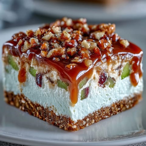 Bright apple Jello layered over creamy cheese and salty pretzel crust.