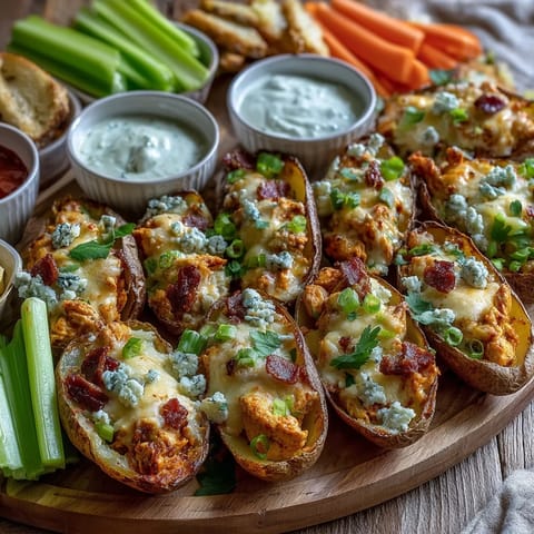 Crispy Buffalo Chicken Potato Skins Board piled high with melty cheese and vibrant toppings.