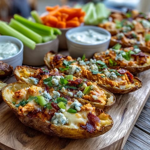 Savory Buffalo Chicken Potato Skins Board, a perfect game day appetizer with tangy, spicy flavors.