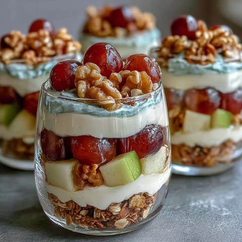 Fresh grape apple crunch parfait cups layered with creamy yogurt and crunchy granola.