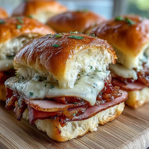 Golden-brown Pear Ham and Cheese Lunchbox Sliders filled with sweet fruit and savory meat.