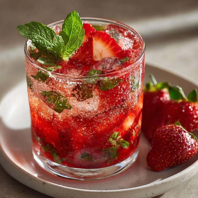 Refreshing Sparkling Strawberry Basil Lemonade served over ice, highlighted by vibrant red strawberries and green basil leaves.