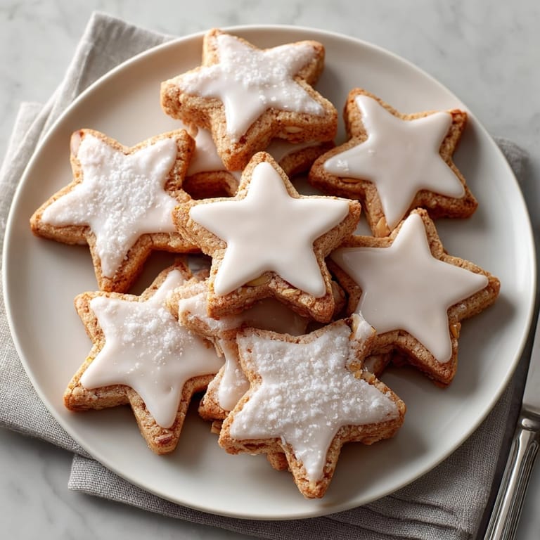 Iced Cinnamon Star Cookies Glaze displayed on a cooling rack, shining under a dusting of edible glitter.