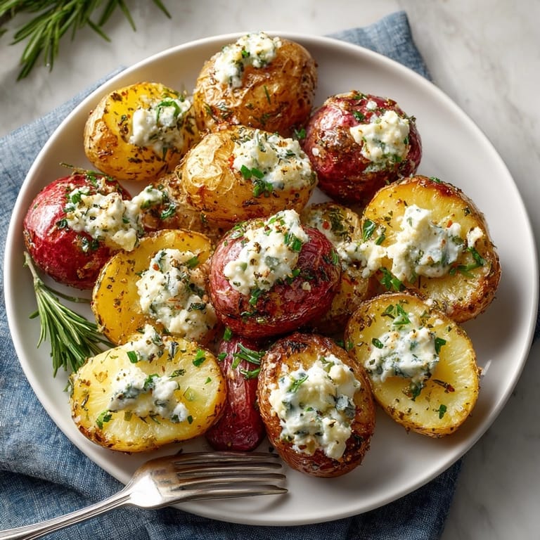 Platter of Garlic Rosemary Roasted Potatoes served warm with zesty ricotta and rustic herbal aroma.