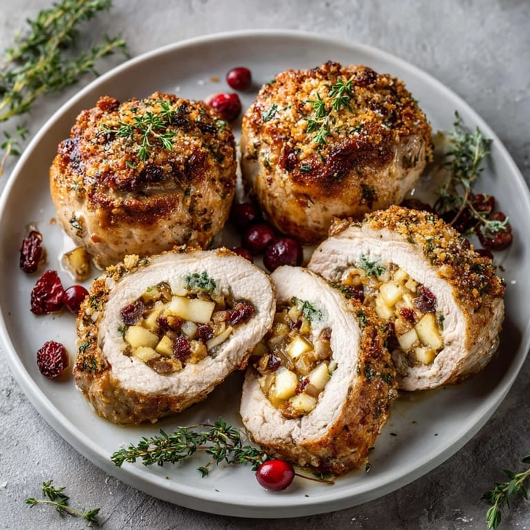 Baked Harvest Apple Walnut Pork Chops served warm with stuffing, perfect for a cozy autumn dinner.