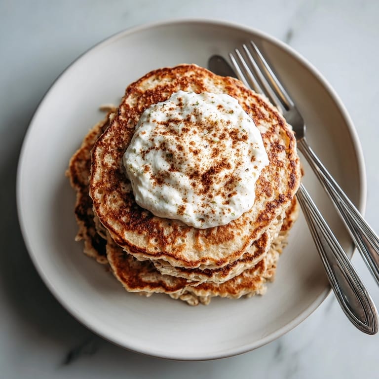 Close-up of airy banana oat pancakes drizzled with sweet maple yogurt for a wholesome start.