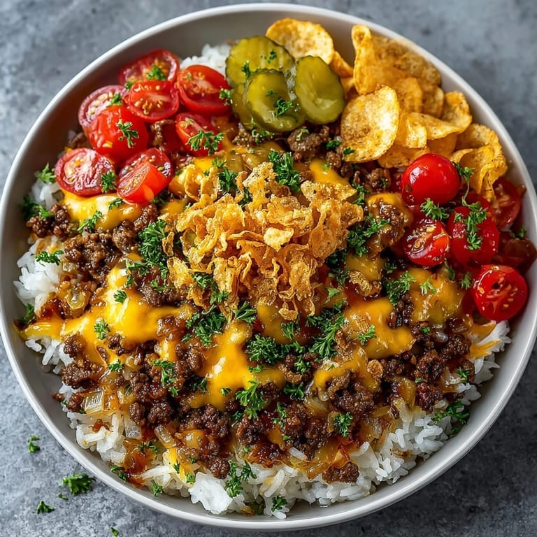 Enjoy the savory aroma of this flavorful Cheeseburger Rice Skillet, topped with a crunchy pickle mix.