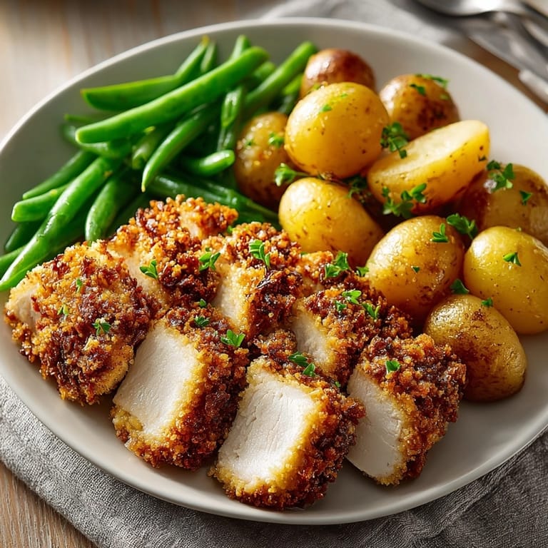 A delicious American meal: Pretzel-crusted sheet-pan chicken with tangy cherry mustard drizzle.