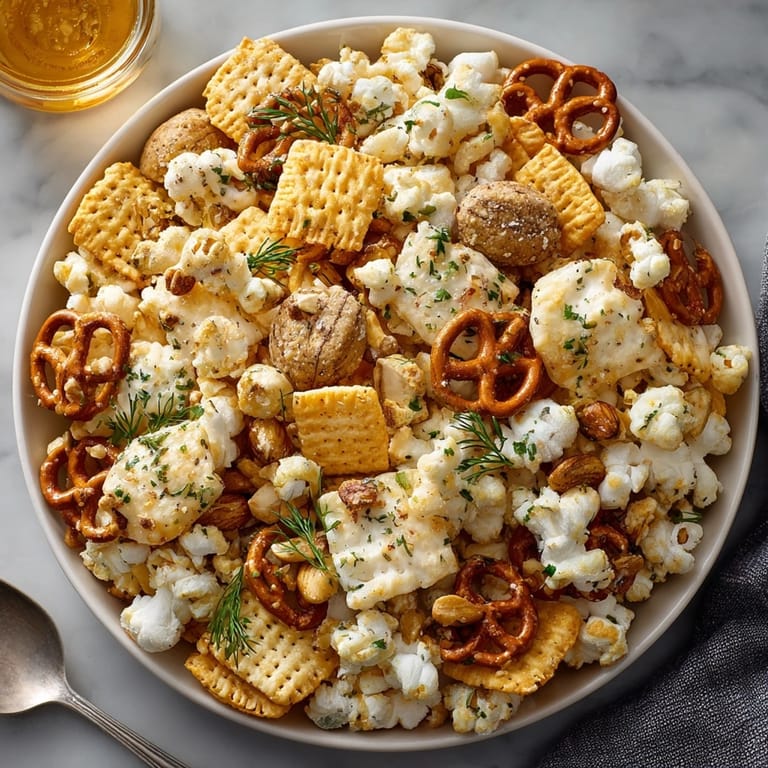 Homemade Dill Pickle Ranch Cracker-Pop Mix with pretzel twists and crackers, offering a tempting snack mix.