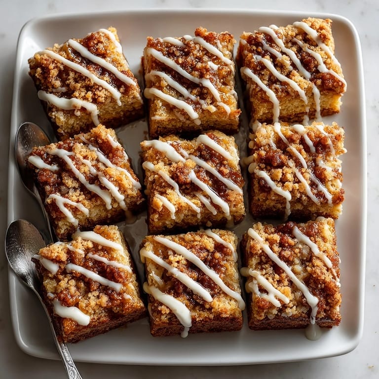 Warm Apple Cider Doughnut Chaos Bars, cut into squares, are presented on a plate, a fall dessert delight.