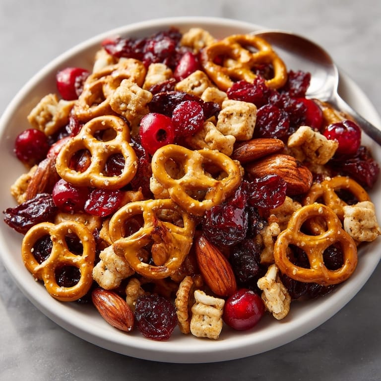 Close-up view of a batch of Cherry-Coded Hot Honey Pretzel Crunch Mix, coated in a glistening glaze.