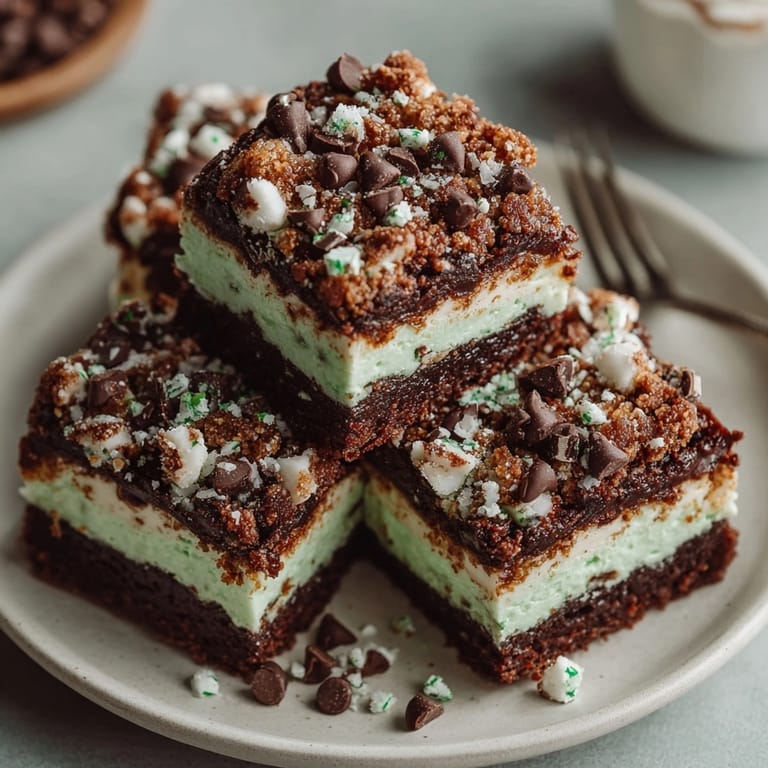 The layered textures of Chaos Cake Peppermint Cookie Crumble Squares showcase cake, cream, and cookie crumble.