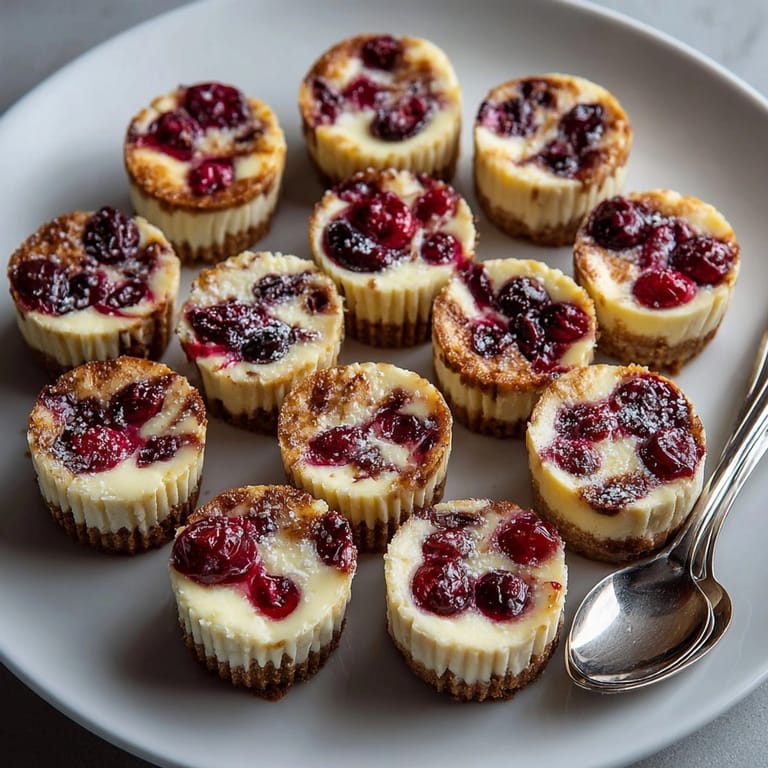Enjoy the delicate, marbled swirls atop these delightful Cherry-Coded Cranberry Swirl Cheesecake Bites, ready to savor.