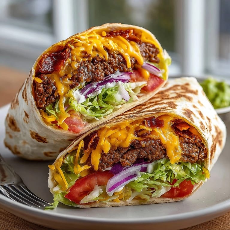 Close-up view of a freshly prepared Pickle-Stuffed Bacon Cheeseburger Wrap, cut open to show layers.
