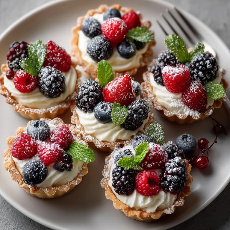Image of elegant Lemon Mascarpone Tartlets Berries: golden crusts brimming with sweet berries, perfect dessert.
