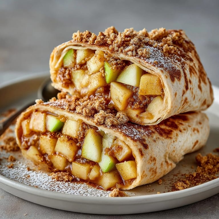 A close-up view of sweet Apple Pie Crumble Wraps, showing a perfectly crisp tortilla.