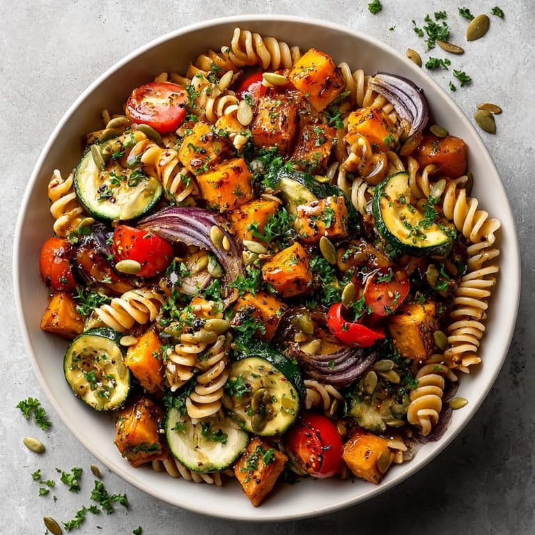 Tossed Maple Roast Veggie Pasta Salad with fresh parsley—visualizing a medley of textures in this lovely meal.