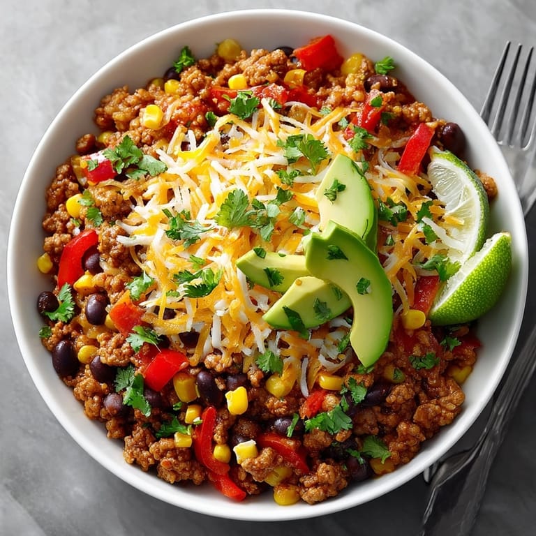 Savory ground turkey taco skillet with melted cheese, ready to be scooped with chips.