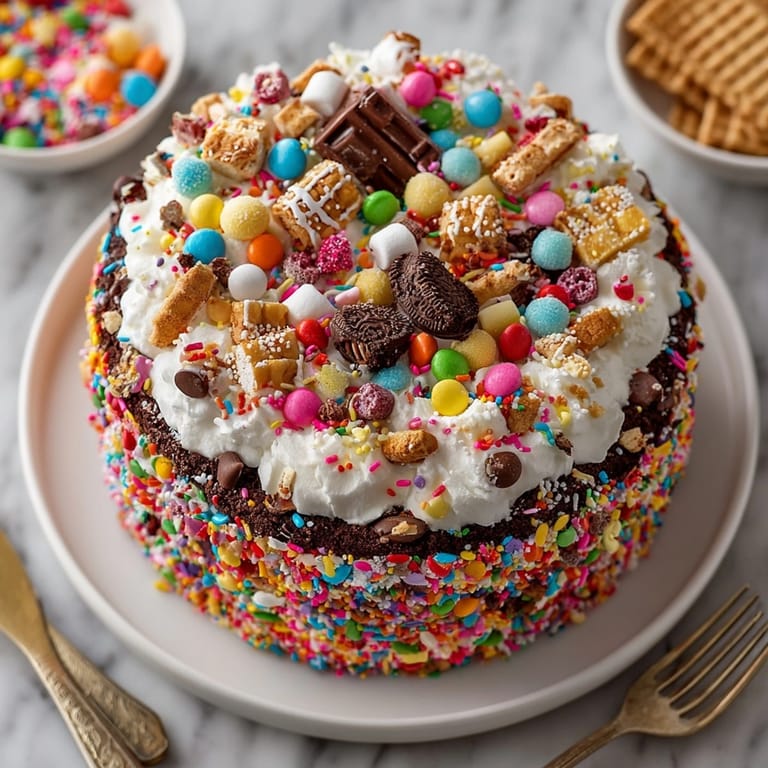 Homemade, eye-catching Chaos Cake, piled high with sprinkles and goodies, perfect for your next celebration.