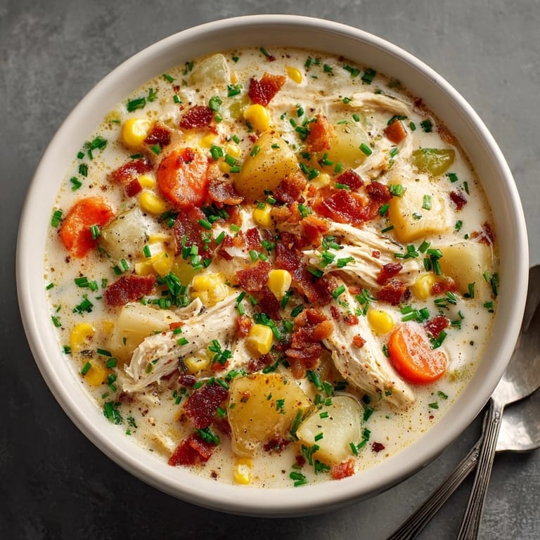 Delicious, golden-hued creamy chicken and corn chowder garnished with fresh herbs, a comforting meal.