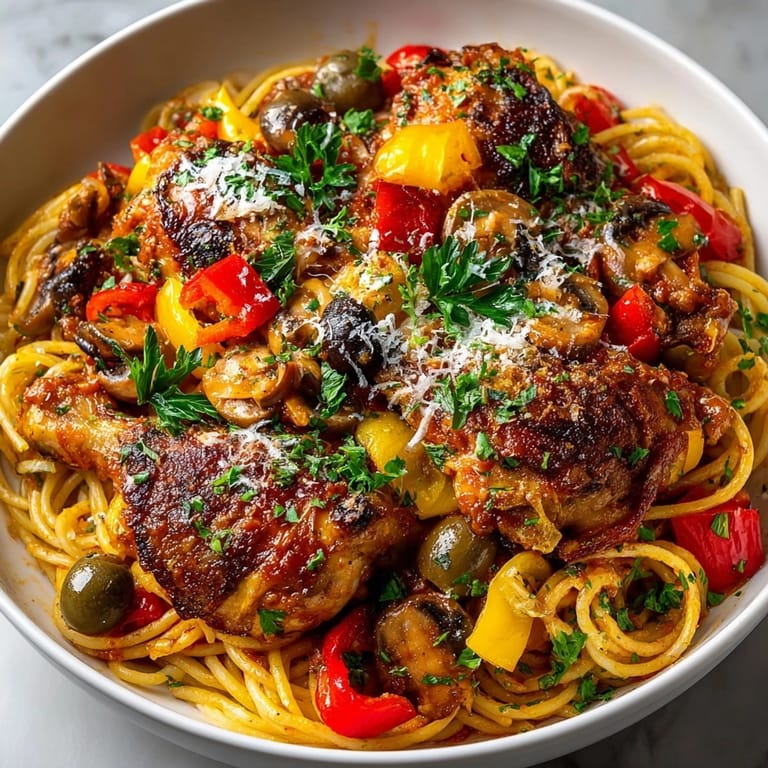 A close-up image of Chicken Cacciatore, its savory sauce glistening atop spaghetti noodles.