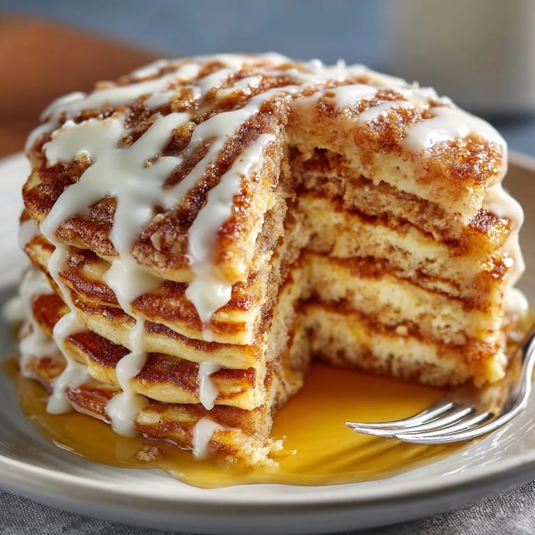 Golden brown cinnamon roll pancakes served warm, topped with luscious cream cheese glaze drizzle.