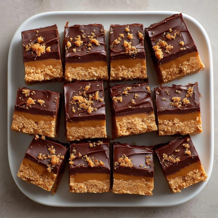 Close-up of Peanut Butter Chocolate Bars showing rich chocolate topping and a buttery, nutty base.
