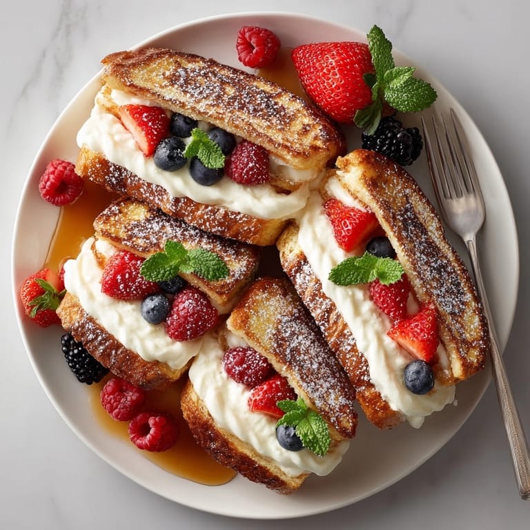 Close-up of Ricotta Stuffed French Toast showing creamy filling between thick brioche slices.