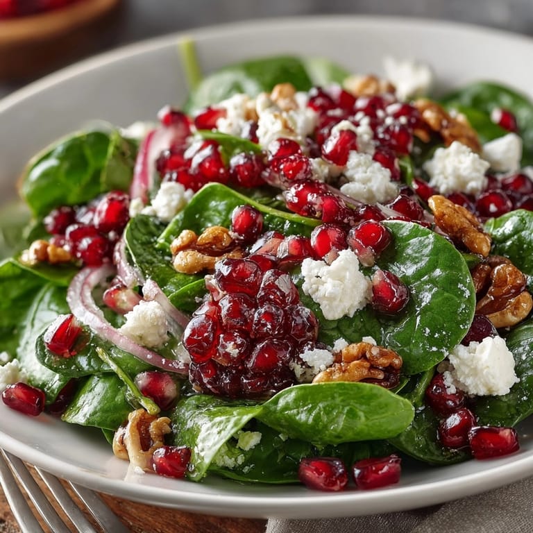 Fresh Pomegranate Spinach Salad tossed with zesty dressing, perfect for a quick lunch or light dinner.