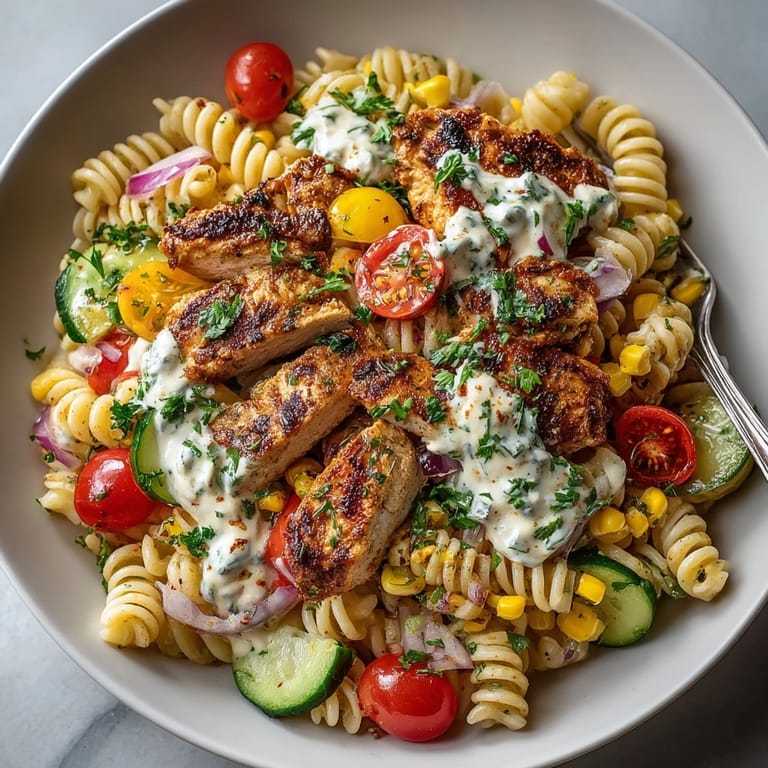 Freshly tossed Cajun Chicken Pasta Salad in a white bowl, highlighting juicy chicken and vibrant produce.