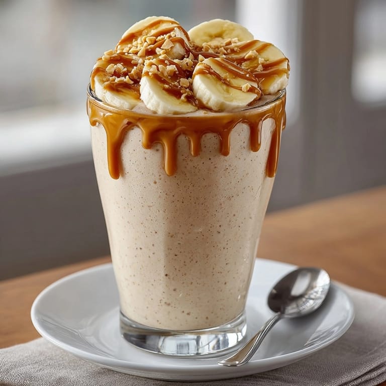 Chilled peanut butter banana smoothie served with a straw, perfect for a quick breakfast.