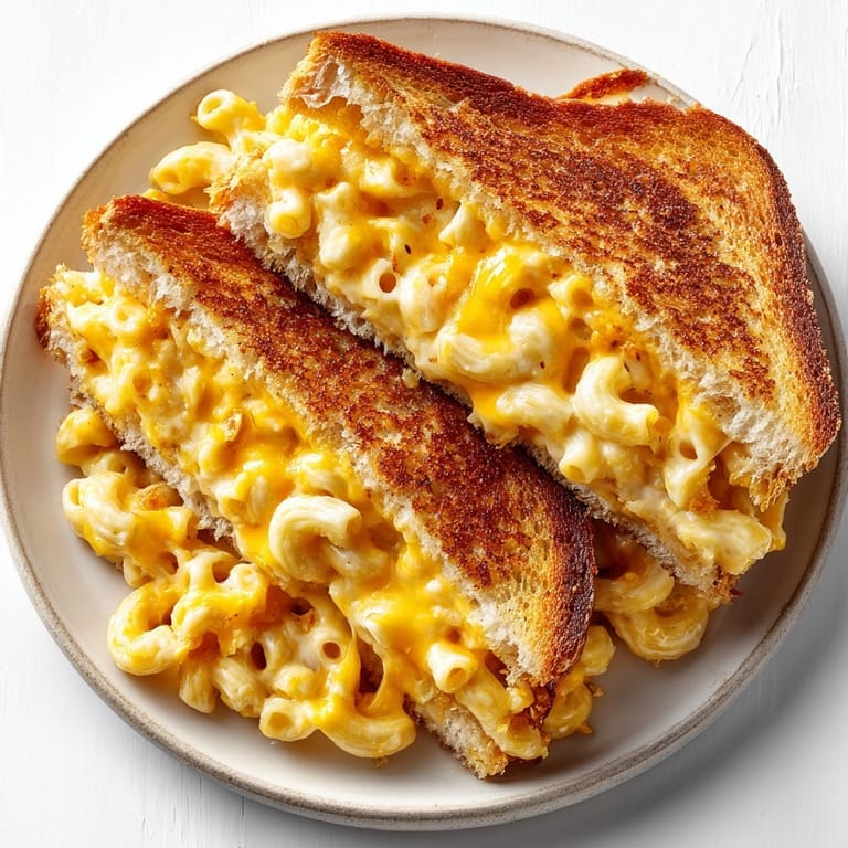 Homemade Mac and Cheese Grilled Cheese hot off the skillet, served with crispy edges and melty center.