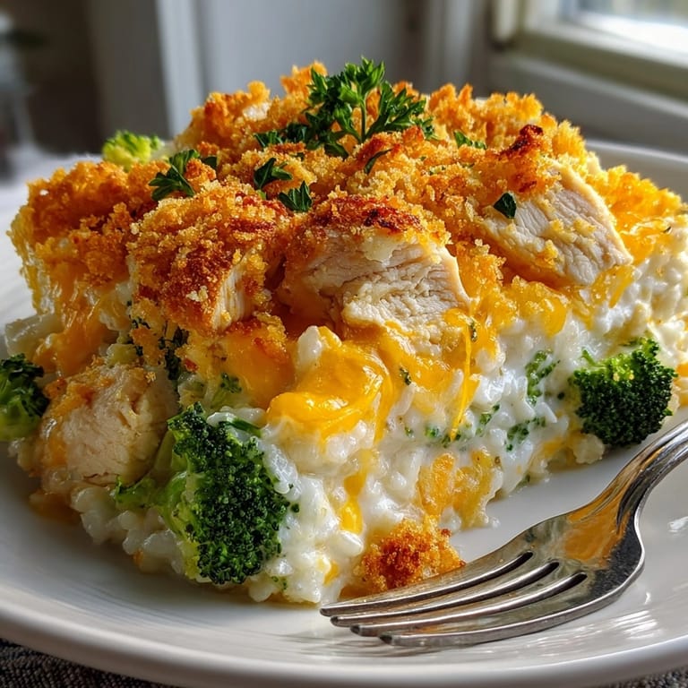 Hearty Broccoli, Rice, Cheese, and Chicken Casserole served hot in a family dinner setting.