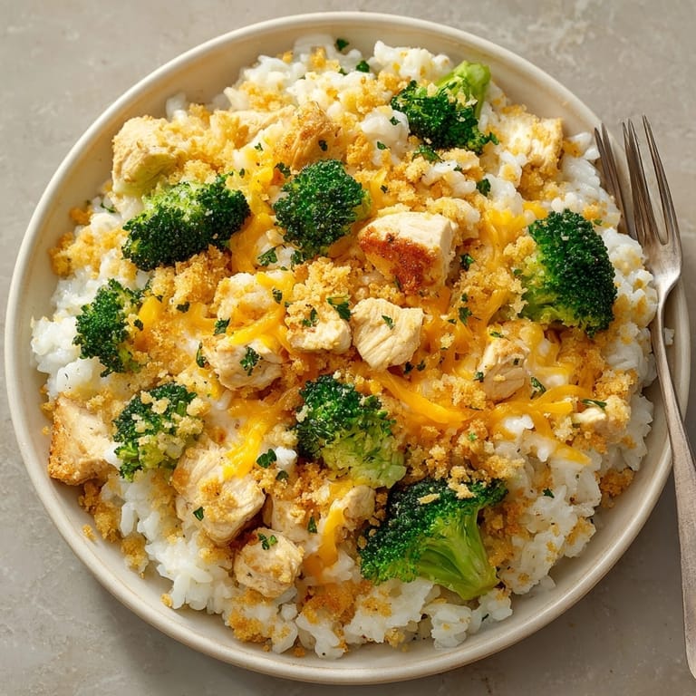 Creamy Broccoli, Rice, Cheese, and Chicken Casserole with crisp broccoli and melty cheese, ready to eat.