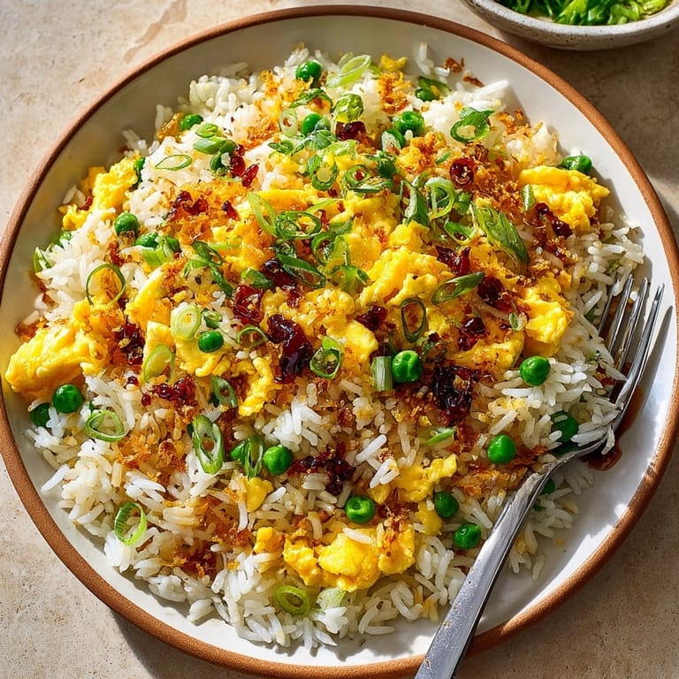 Close-up of Instant Egg Fried Rice featuring fluffy rice, savory eggs, and fresh green garnishes.