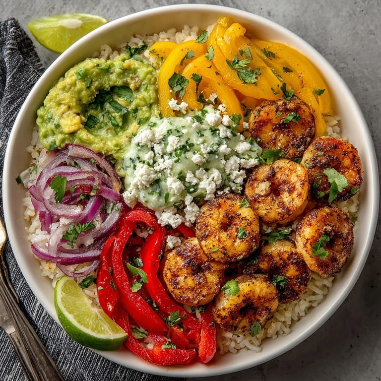 Hearty shrimp fajita rice bowls served in white bowls, garnished with salsa and lime wedges